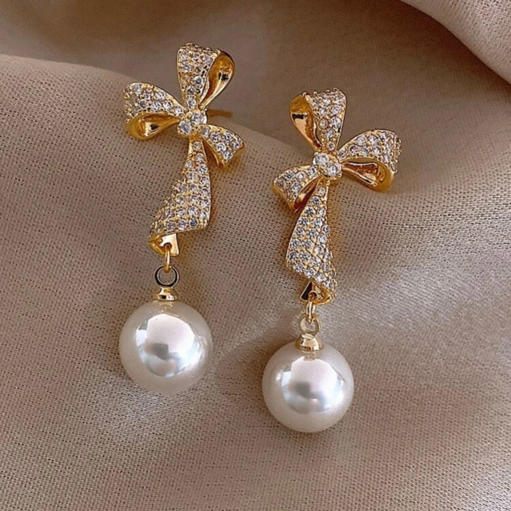925 Sterling Silver Rhinestone Bow Pearl Earrings
